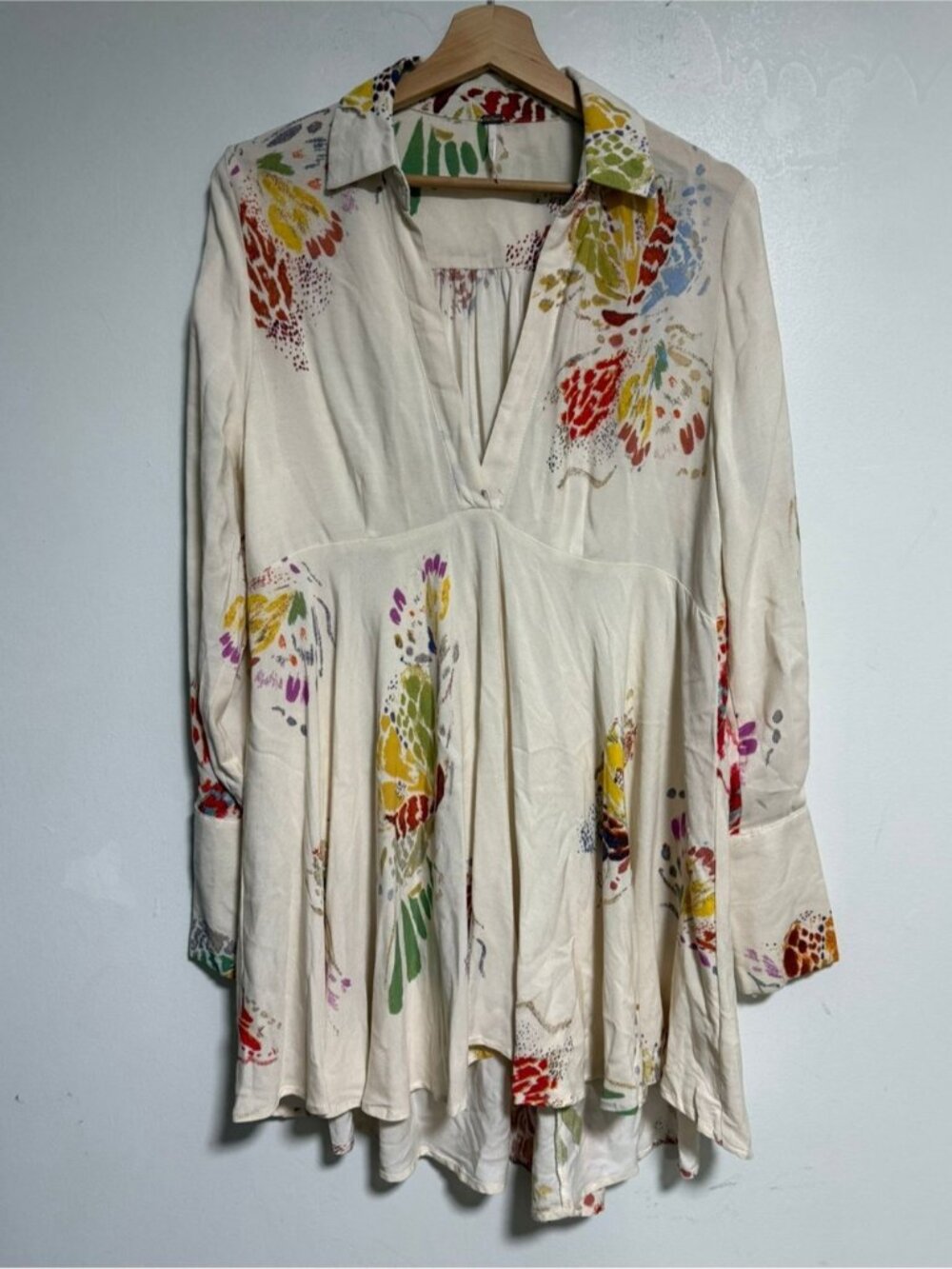 Free People Cream Floral Boho Tunic Mini Dress Size M - Picture 2 of 8